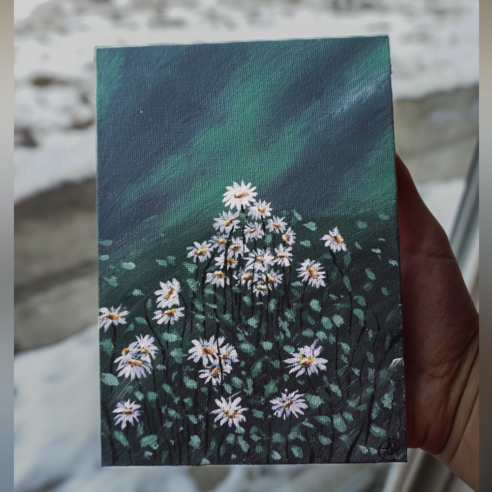 Midnight Bloom: Hand-Painted Daisies Under the Night Sky 🌌